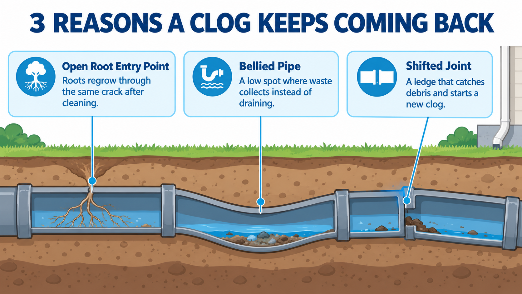 Cross-section diagram of underground sewer pipe showing three causes of recurring clogs: an open root entry point where roots regrow through a crack, a bellied section of pipe where waste pools in a low spot, and a shifted joint creating a ledge that catches debris.