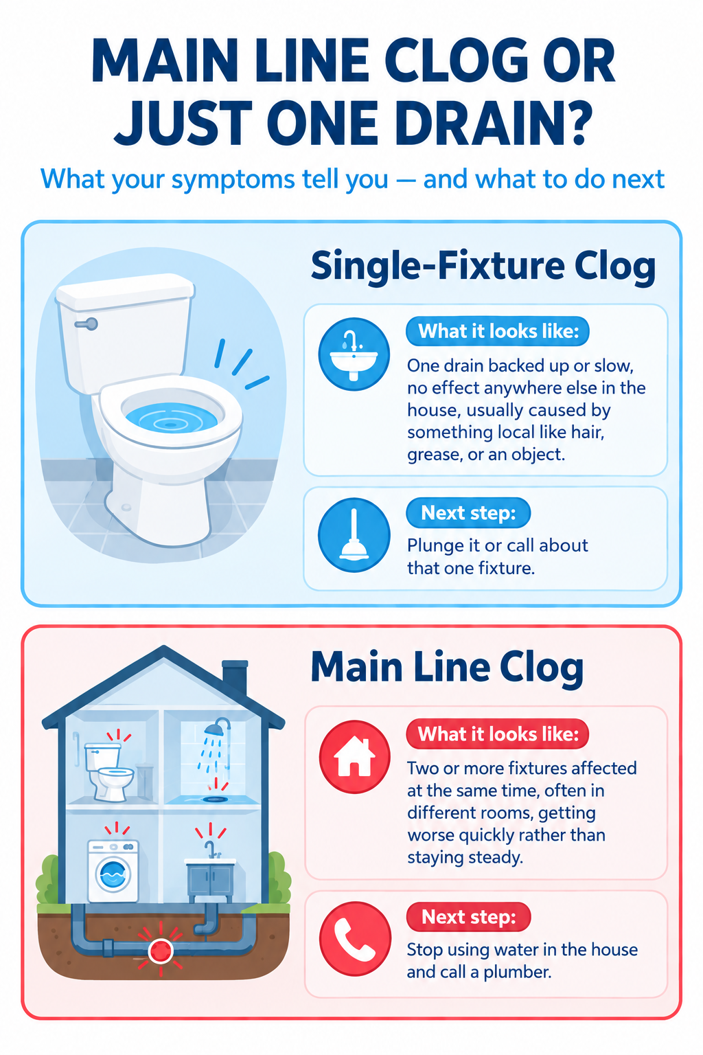 Infographic comparing a homeowner's lateral sewer line, where one or more fixtures in the house back up and a plumber should be called, to the city's main sewer line, where multiple neighboring homes are affected and the city should be called instead.