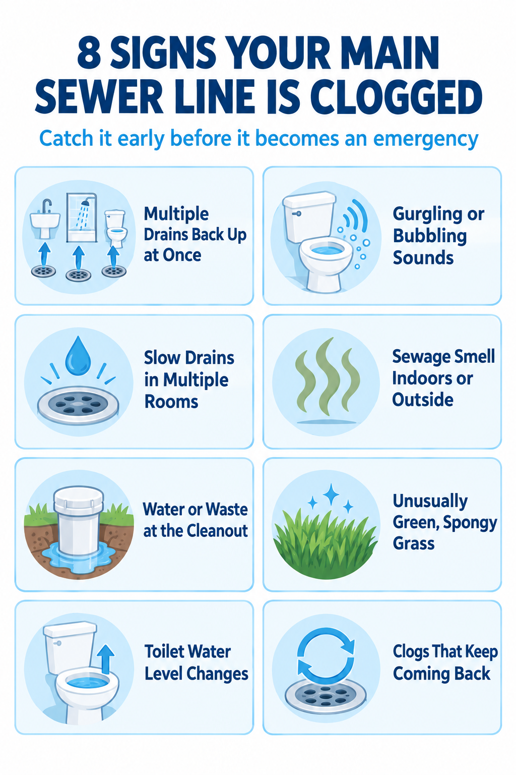 Infographic listing eight signs of a clogged main sewer line: multiple drains backing up at once, gurgling or bubbling sounds, slow drains in multiple rooms, sewage smell indoors or outside, water or waste at the cleanout, unusually green spongy grass, toilet water level changes, and clogs that keep coming back.